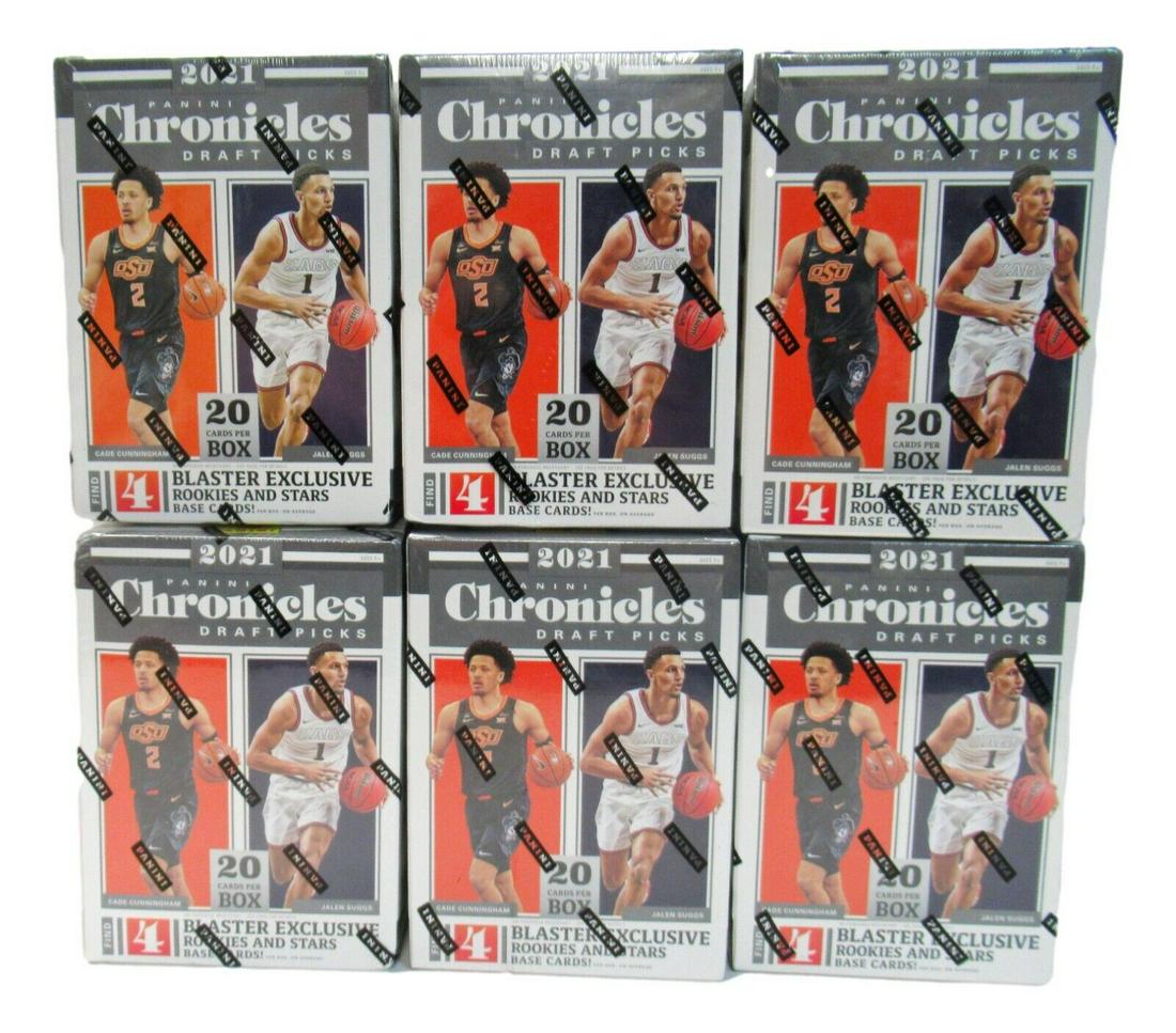 (6) 2021 Panini Chronicles NBA Draft Picks Blaster Boxes New Factory Sealed: (6) 2021 Panini Chronicles NBA Draft Picks Blaster Boxes New Factory Sealed Set: 2021 Season: 2021 Type: Sports Trading Card Year Manufactured: 2021 Manufacturer: Panini Sport: Baseball Configuration: