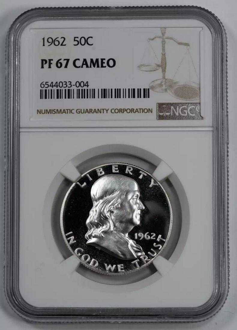 1962 PROOF FRANKLIN HALF DOLLAR 50C SILVER NGC CERTIFIED PF 67 CAMEO (004): 1962 PROOF FRANKLIN HALF DOLLAR 50C SILVER NGC CERTIFIED PF 67 CAMEO (004) Certification: NGC Composition: Silver Grade: PF-67 Year: 1962 Circulated/Uncirculated: Uncirculated Strike Type: PR Mint Loc