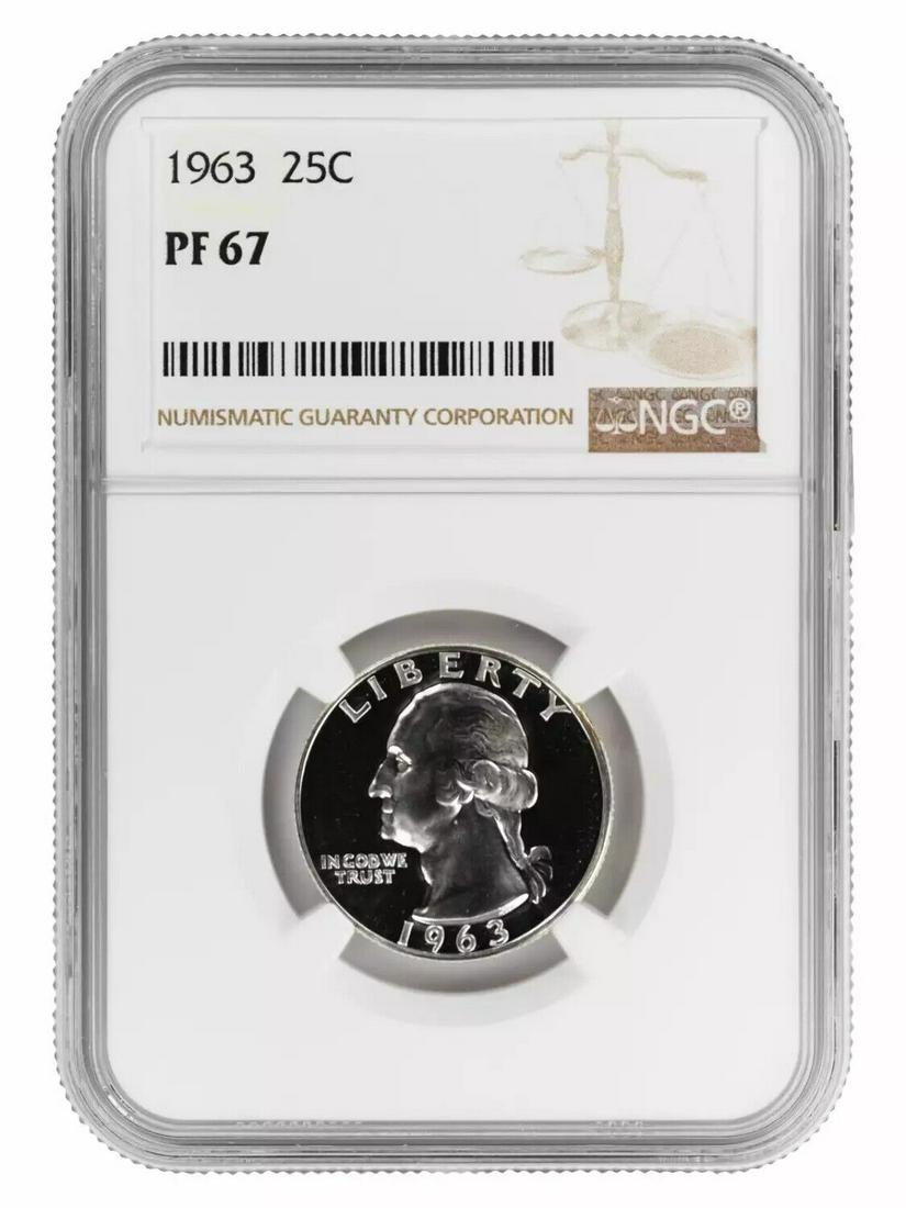 1963 PROOF WASHINGTON QUARTER 25C NGC CERTIFIED PF 67 - SPOT HAZE FREE: 1963 PROOF WASHINGTON QUARTER 25C NGC CERTIFIED PF 67 - SPOT HAZE FREE Certification: NGC Composition: Silver Grade: PF-67 Year: 1963 Circulated/Uncirculated: Uncirculated Strike Type: PR Mint Locatio