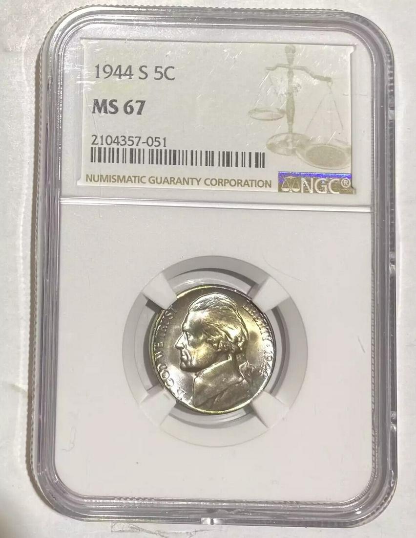 1944 S Nickel Jefferson NGC MS-67: 1944 S Nickel Jefferson NGC MS-67 Certification: NGC Composition: Nickel Grade: MS-67 Year: 1944 Circulated/Uncirculated: Uncirculated Strike Type: MS Mint Location: S Country: USA Km Number: Unknown 