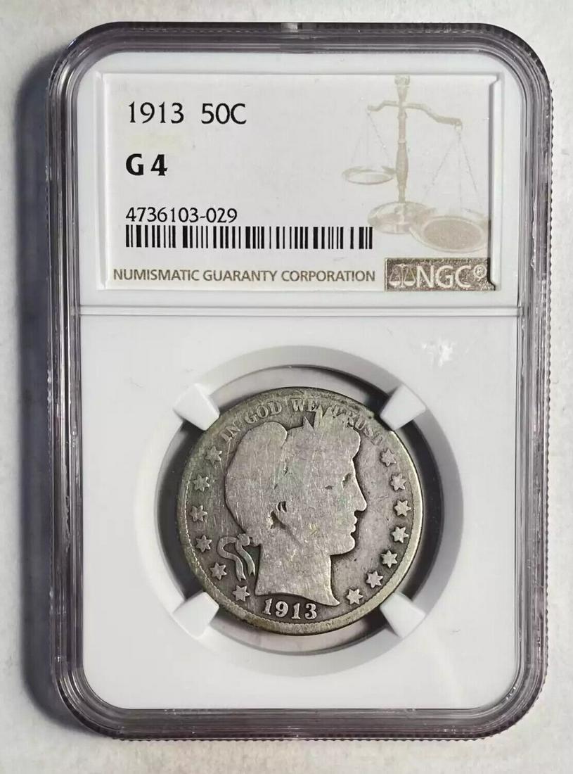 1913 P Barber Half Dollar NGC G-4: 1913 P Barber Half Dollar NGC G-4 Certification: NGC Composition: Silver Grade: G-4 Year: 1913 Circulated/Uncirculated: Circulated Strike Type: MS Mint Location: Philadelphia Country: USA Km Number: U