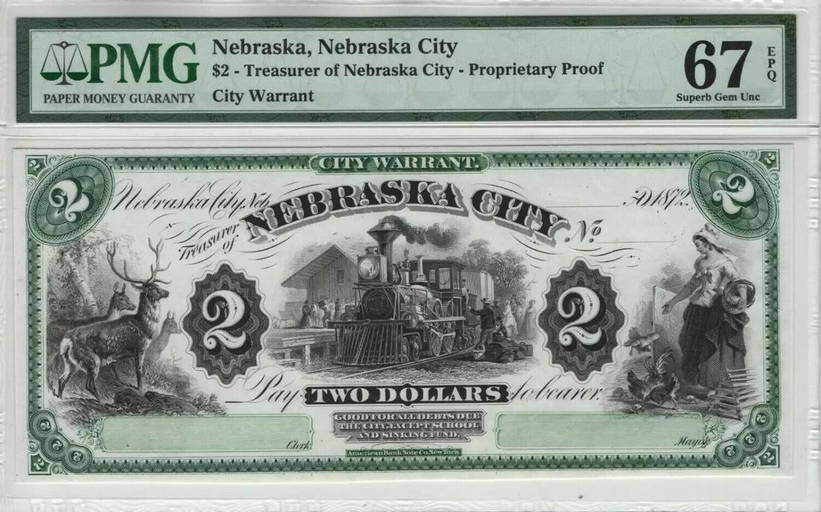 1872 2 Treasurer Of Nebraska City Proof Obsolete City Warrant Pmg Gem