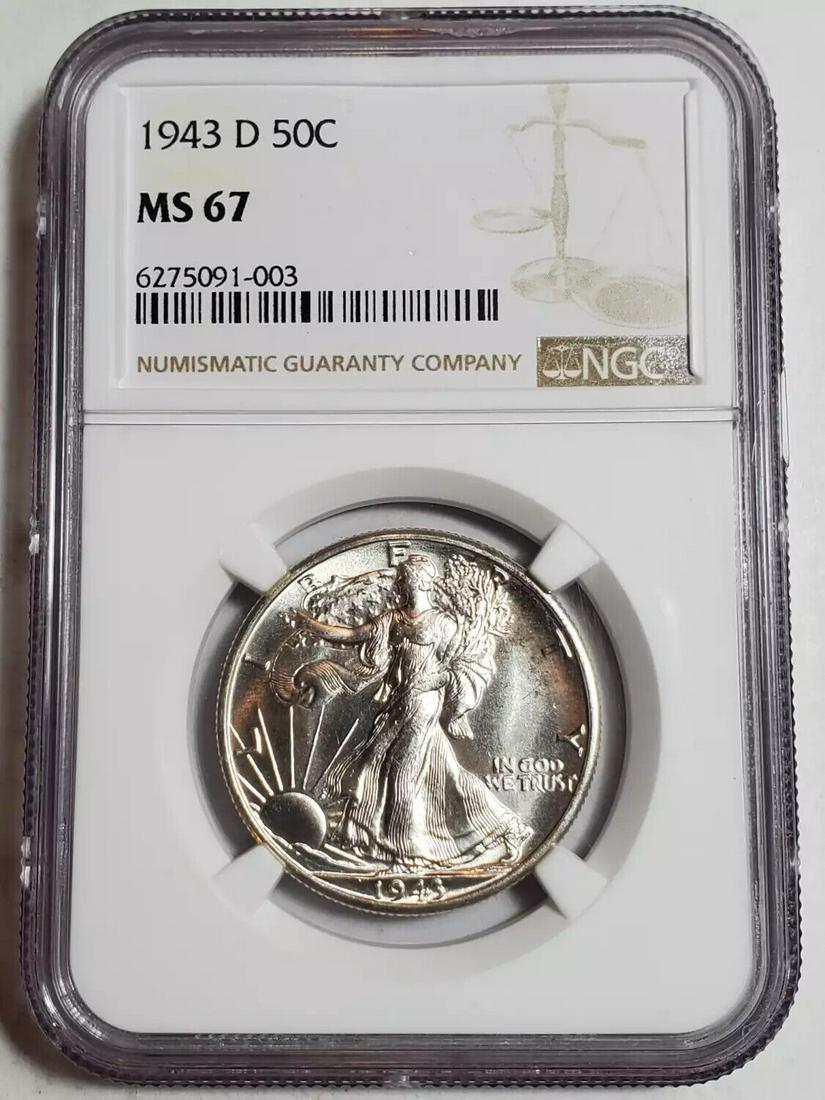 1943 D Walking Liberty Half Dollar NGC MS-67: 1943 D Walking Liberty Half Dollar NGC MS-67 Certification: NGC Composition: Silver Grade: MS-67 Year: 1943 Circulated/Uncirculated: Uncirculated Strike Type: MS Mint Location: Denver Country: USA Km 