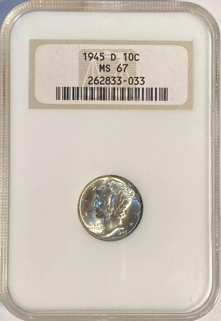 1945 D Mercury Dime NGC MS-67: 1945 D Mercury Dime NGC MS-67 Certification: NGC Composition: Silver Grade: MS-67 Year: 1945 Circulated/Uncirculated: Uncirculated Strike Type: MS Mint Location: Denver Country: USA Km Number: Unknown