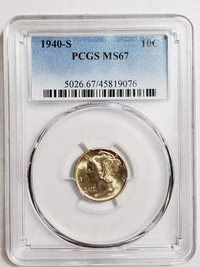1940 S Mercury Dime PCGS MS-67: 1940 S Mercury Dime PCGS MS-67 Certification: PCGS Composition: Silver Grade: MS-67 Year: 1940 Circulated/Uncirculated: Uncirculated Strike Type: MS Mint Location: San Francisco Country: USA Km Number