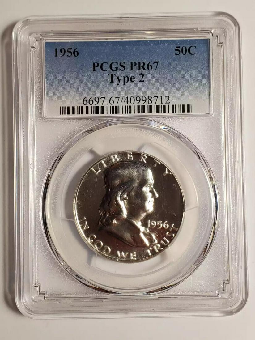 1956 P Franklin Half Dollar PCGS PR-67 Type 2: 1956 P Franklin Half Dollar PCGS PR-67 Type 2 Certification: PCGS Composition: Silver Grade: PR-67 Year: 1956 Circulated/Uncirculated: Uncirculated Strike Type: PR Mint Location: Philadelphia Country: