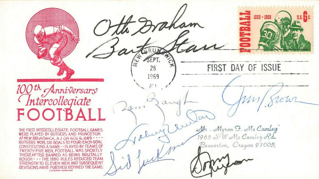 FDC signed by 7 NFL Hall of Famers-STARR/UNITAS/BROWN/GRAHAM/BAUGH-JSA Letter: FDC signed by 7 NFL Hall of Famers-STARR/UNITAS/BROWN/GRAHAM/BAUGH-JSA Letter Product: FDC Sport: Football-NFL Autograph Authentication: James Spence (JSA) Signed: Yes Team: Chicago Bears Player: John