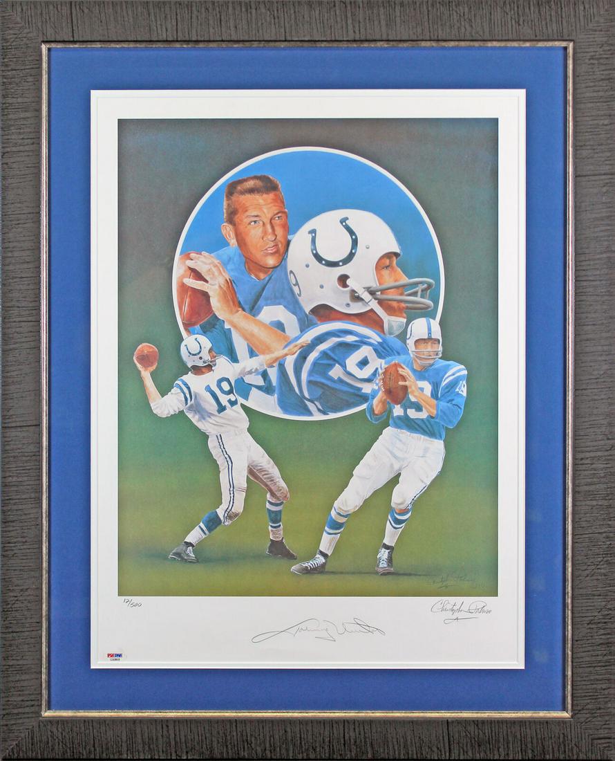 Colts Johnny Unitas Signed & Framed 18x24 Lithograph LE #12/500 BAS: Colts Johnny Unitas Signed & Framed 18x24 Lithograph LE #12/500 BAS Sport: Football-NFL Product: Lithograph Poster & Print Original/Reprint: Original Player: Johnny Unitas & Christopher Paluso Team: B