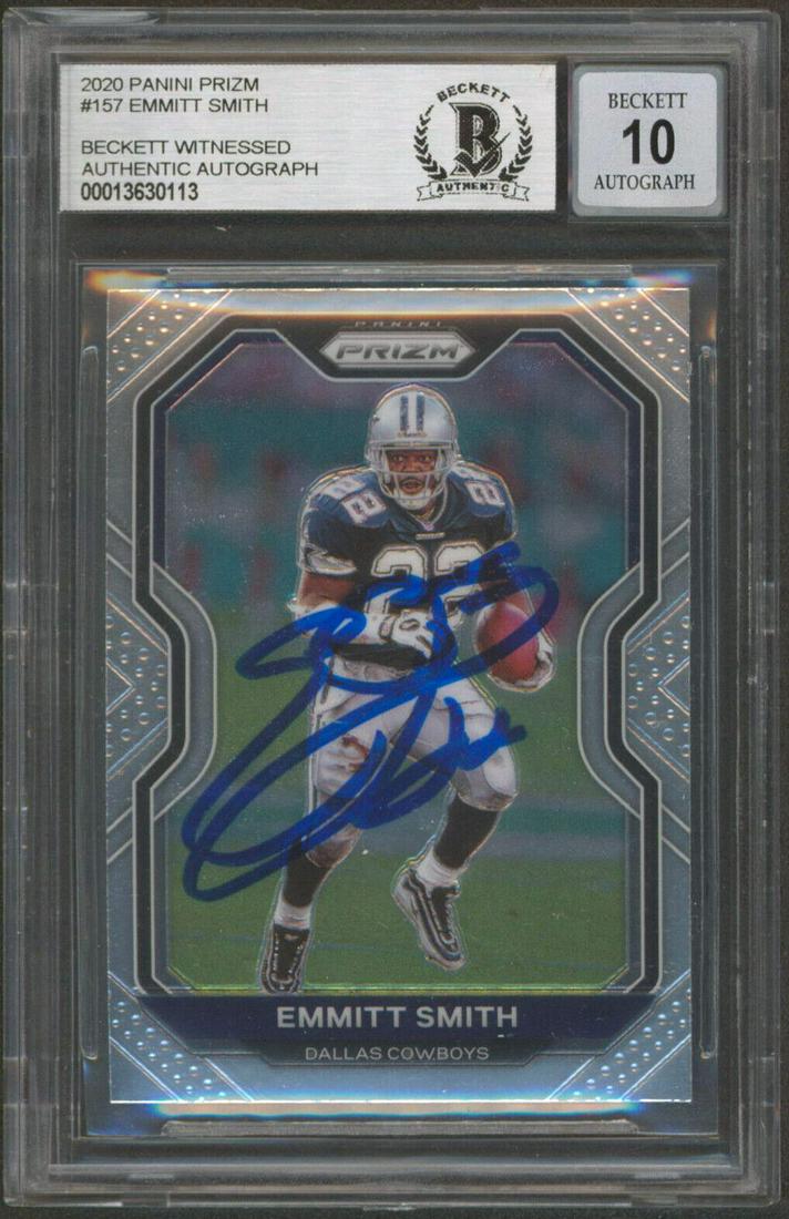 Cowboys Emmitt Smith Signed 2020 Panini Prizm #157 Card Auto 10! BAS Slabbed: Cowboys Emmitt Smith Signed 2020 Panini Prizm #157 Card Auto 10! BAS Slabbed Graded: Yes Sport: Football-NFL Team: Dallas Cowboys League: NFL Certification Number: 13630113 Product Coa: Beckett Produc