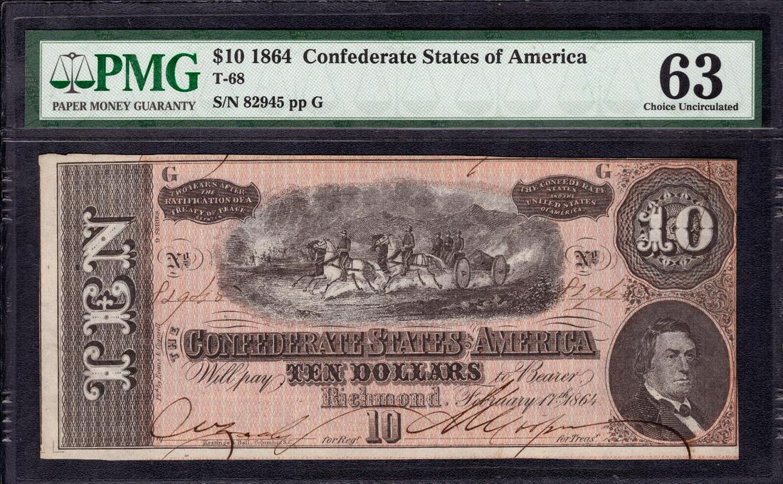 1864 $10 CONFEDERATE STATES OF AMERICA NOTE CURRENCY T-68 PMG CHOICE UNC CU 63: 1864 $10 CONFEDERATE STATES OF AMERICA NOTE CURRENCY T-68 PMG CHOICE UNC CU 63 Circulated/Uncirculated: Uncirculated Denomination: $10 Type: Confederate Currency Certification Number: 8069478-006 Grad