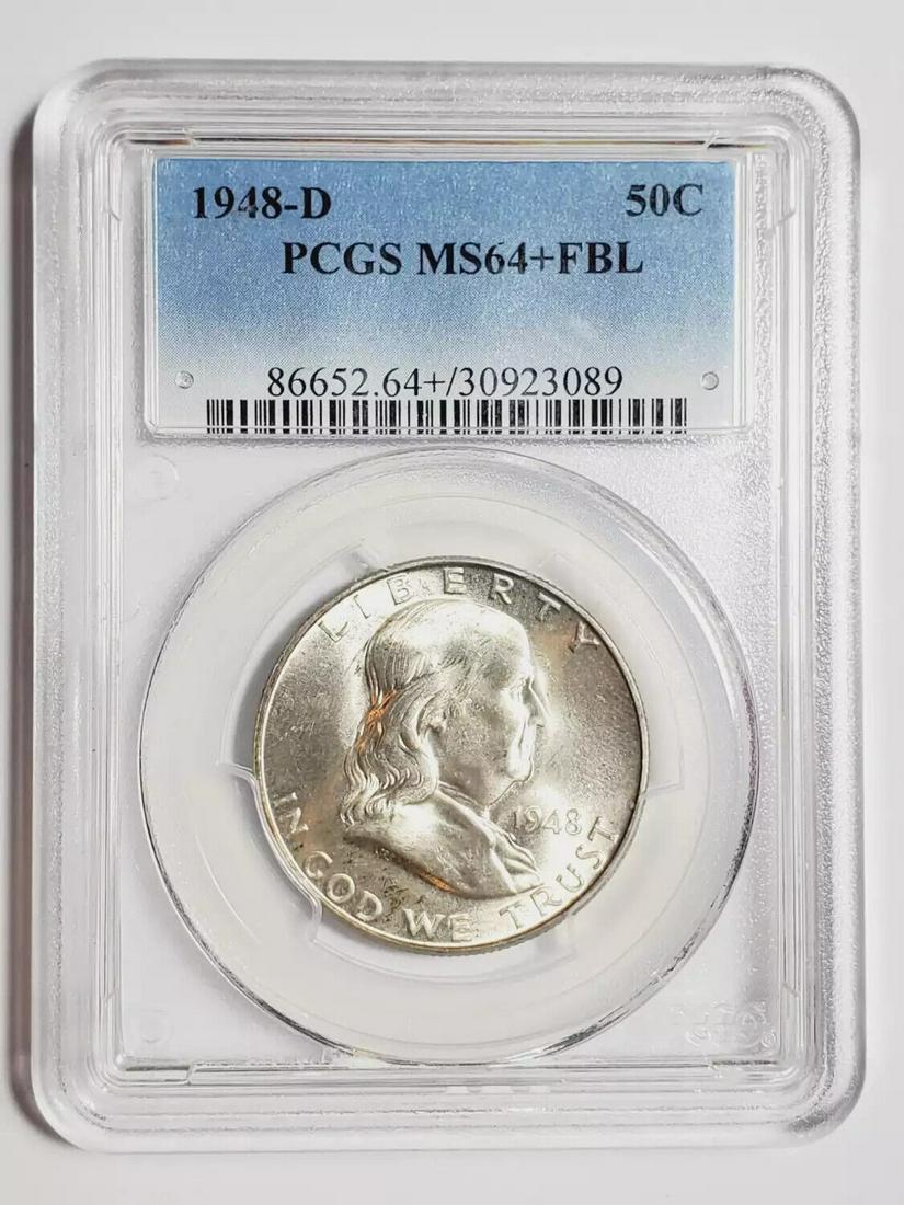 1948 D Franklin Half Dollar PCGS MS-64+ FBL: 1948 D Franklin Half Dollar PCGS MS-64+ FBL Certification: PCGS Composition: Silver Grade: MS-64+ Year: 1948 Circulated/Uncirculated: Uncirculated Strike Type: MS Mint Location: Denver Country: USA Km