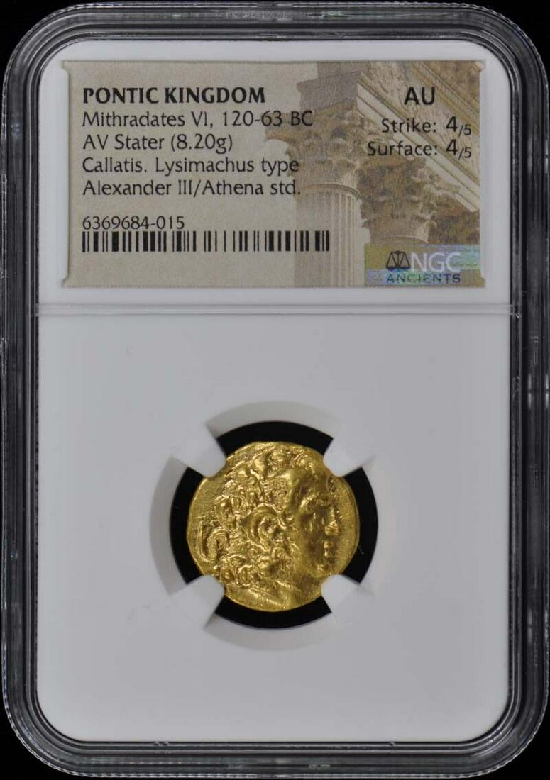 Mithradates VI 120-63 BC PONTIC KINGDOM AV Stater NGC AU50: Mithradates VI 120-63 BC PONTIC KINGDOM AV Stater NGC AU50 Certification: NGC Certification Number: 6369684015 Denomination: Ancient Greek Grade: AU50 Date: NONE Pre-Owned The MYNT Guarantee: All item
