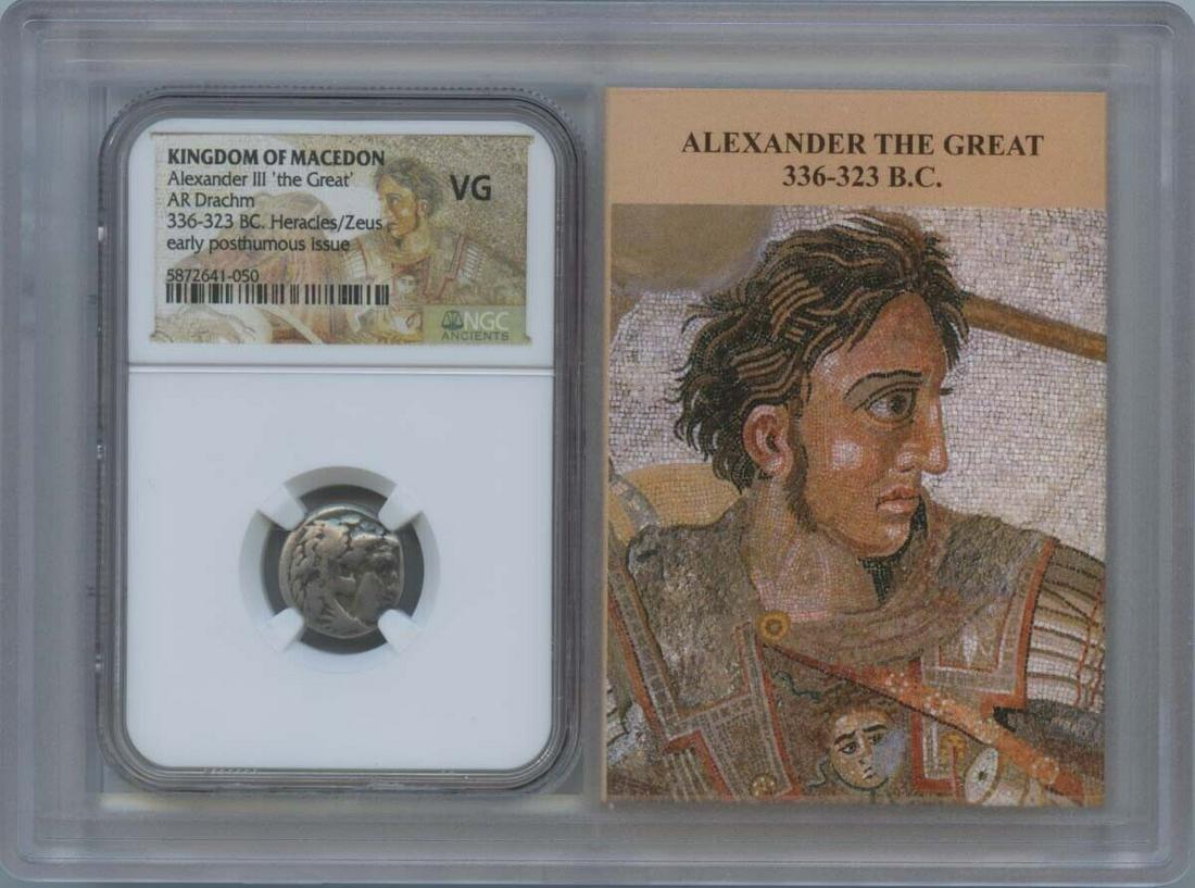 Alexander III The Great 336-323 BC Posthumous Drachm NGC VG 10 Story Vault: Alexander III The Great 336-323 BC Posthumous Drachm NGC VG 10 Story Vault Certification: NGC Certification Number: 5872641050 Denomination: Ancient Greek Grade: VG10 Date: NONE Pre-Owned The MYNT Gua