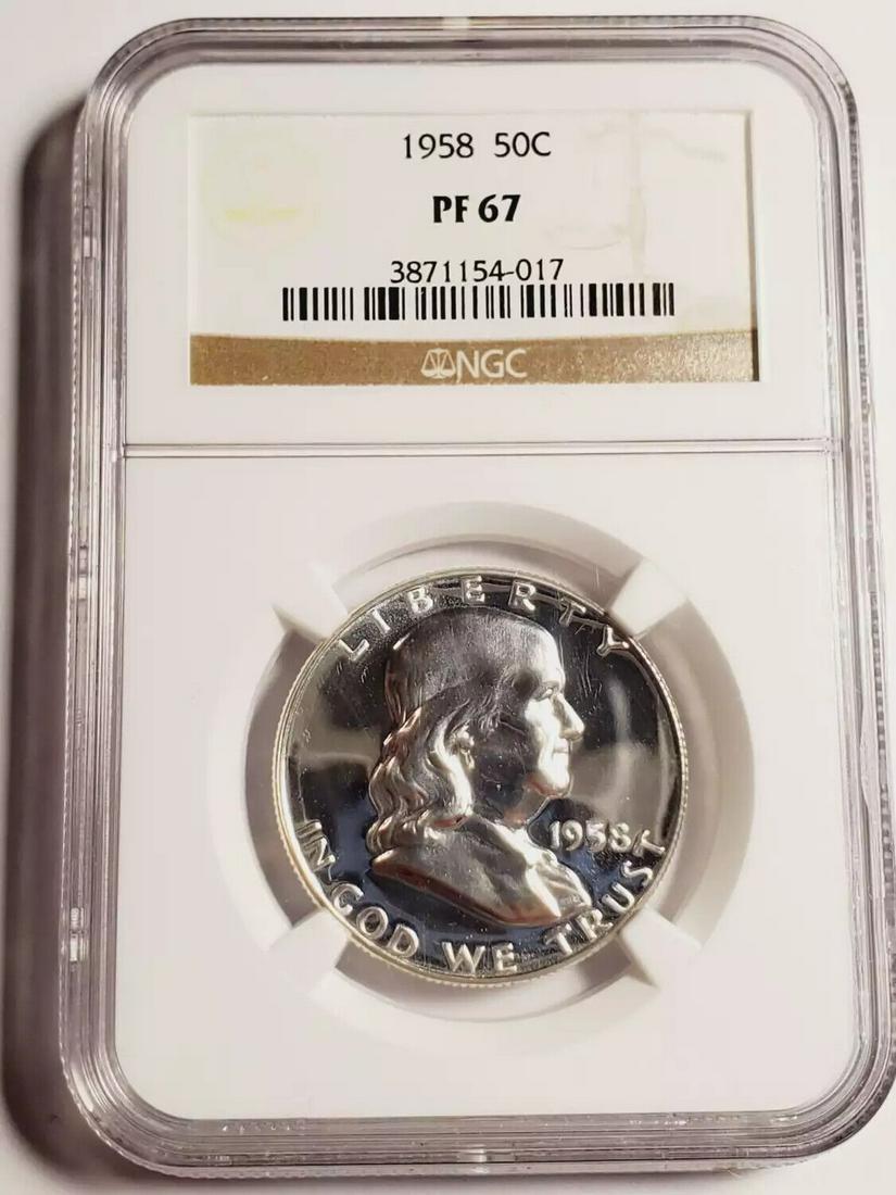 1958 P Franklin Half Dollar NGC PF-67: 1958 P Franklin Half Dollar NGC PF-67 Certification: NGC Composition: Silver Grade: PF-67 Year: 1958 Circulated/Uncirculated: Uncirculated Strike Type: PR Mint Location: Philadelphia Country: USA Km N