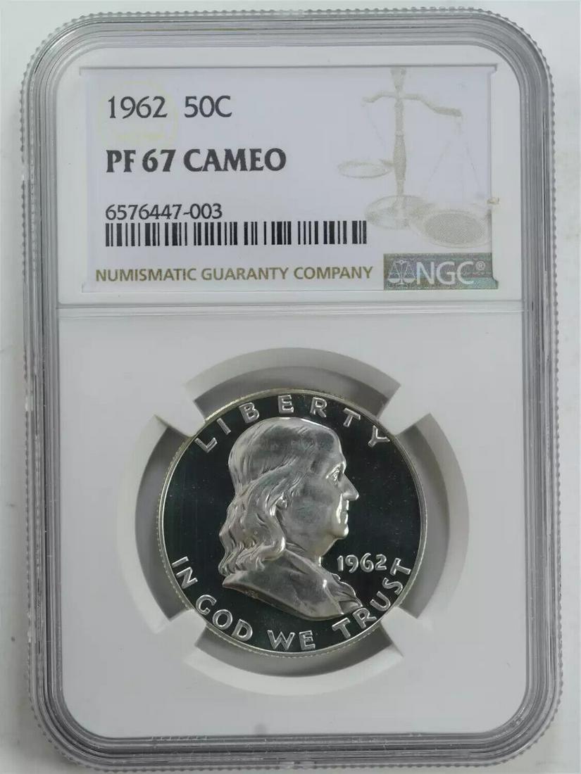 1962 PROOF FRANKLIN HALF DOLLAR 50C SILVER NGC CERTIFIED PF 67 CAMEO (003): 1962 PROOF FRANKLIN HALF DOLLAR 50C SILVER NGC CERTIFIED PF 67 CAMEO (003) Certification: NGC Composition: Silver Grade: PF-67 Year: 1962 Circulated/Uncirculated: Uncirculated Strike Type: PR Mint Loc