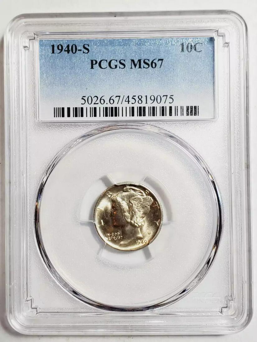 1940 S Mercury Dime PCGS MS-67: 1940 S Mercury Dime PCGS MS-67 Certification: PCGS Composition: Silver Grade: MS-67 Year: 1940 Circulated/Uncirculated: Uncirculated Strike Type: MS Mint Location: San Francisco Country: USA Km Number