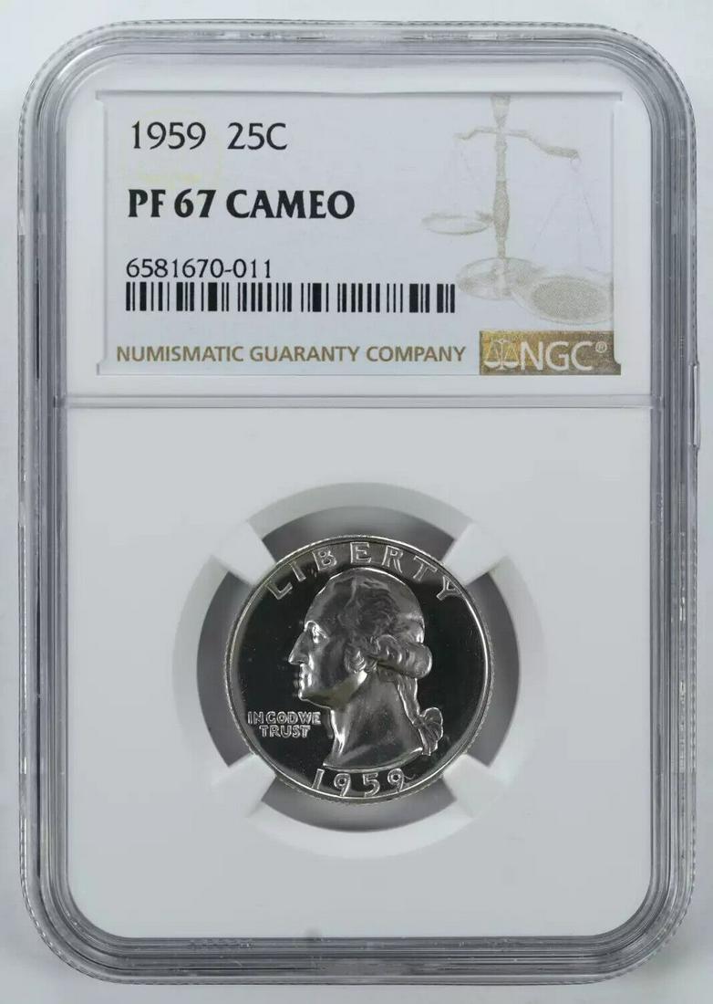 1959 PROOF WASHINGTON QUARTER 25C NGC CERTIFIED PF 67 CAMEO (011): 1959 PROOF WASHINGTON QUARTER 25C NGC CERTIFIED PF 67 CAMEO (011) Certification: NGC Composition: Silver Grade: PF-67 Year: 1959 Circulated/Uncirculated: Uncirculated Strike Type: PR Mint Location: PH