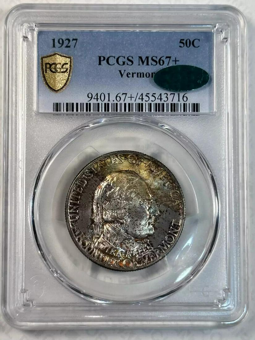 1927 P Vermont PCGS MS-67+ CAC Rainbow Toning: 1927 P Vermont PCGS MS-67+ CAC Rainbow Toning Certification: PCGS and CAC Composition: Silver Grade: MS-67+ Year: 1927 Circulated/Uncirculated: Uncirculated Strike Type: MS Mint Location: Philadelphia