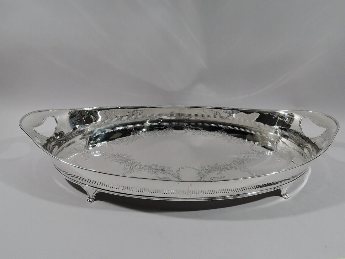 Edwardian Tray - Large Antique Gallery Tea - English Sterling Silver - 1910: Edwardian Tray - Large Antique Gallery Tea - English Sterling Silver - 1910 Age: 1900-1940 Style: Edwardian Region: United Kingdom Composition: Sterling Silver Material: Silver Brand: Hawksworth Eyre 