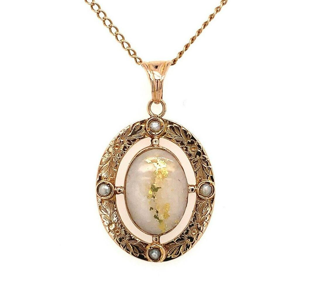 10k Gold Victorian Gold Vein Quartz Pendant w/ Flowers: 10k Gold Victorian Gold Vein Quartz Pendant w/ Flowers All of our jewelry is guaranteed authentic by our graduate gemologist of the gemological institute of america (gia). 10k gold victorian genuine n