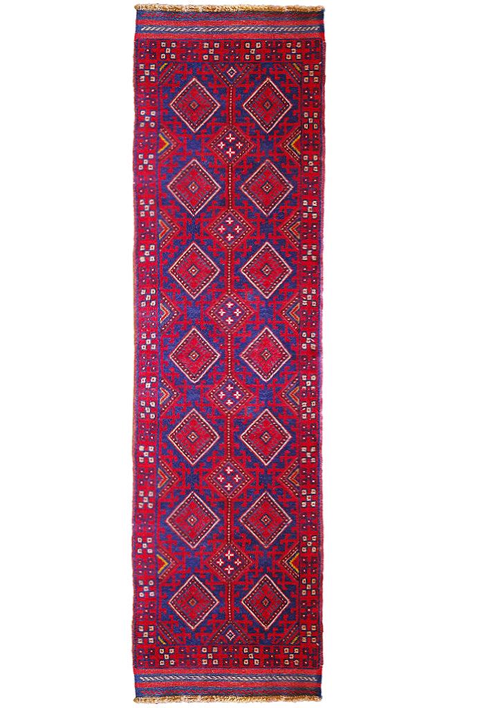 2' x 8' Hand-Knotted tribal Afhganistan Runner #5325: 2' x 8' Hand-Knotted tribal Afhganistan Runner #5325 Size in Feet: Width: 2 x Length: 8 Size in Inches: Width: 26 in x Length: 100 in Rug Type: Area Rug Colors: red Blue Black Weave: Hand-Knotted Pile