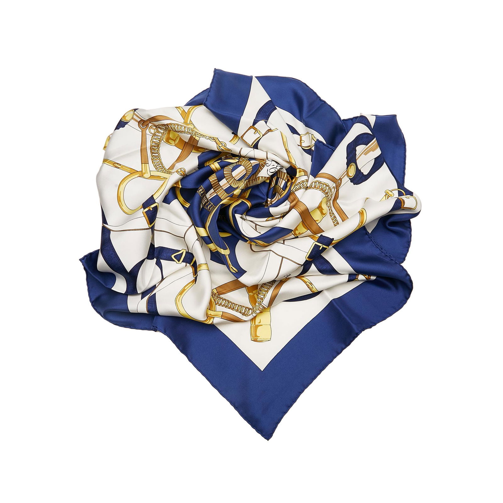 Hermes Eperon d'Or Silk Scarf: Hermes Eperon d'Or Silk Scarf The Eperon D Or features a silk body. Brand: Hermes Model: Eperon d'Or Silk Scarf Origin: France Category: Accessories Color: Blue Style: Material: Fabric Condition: B+ L
