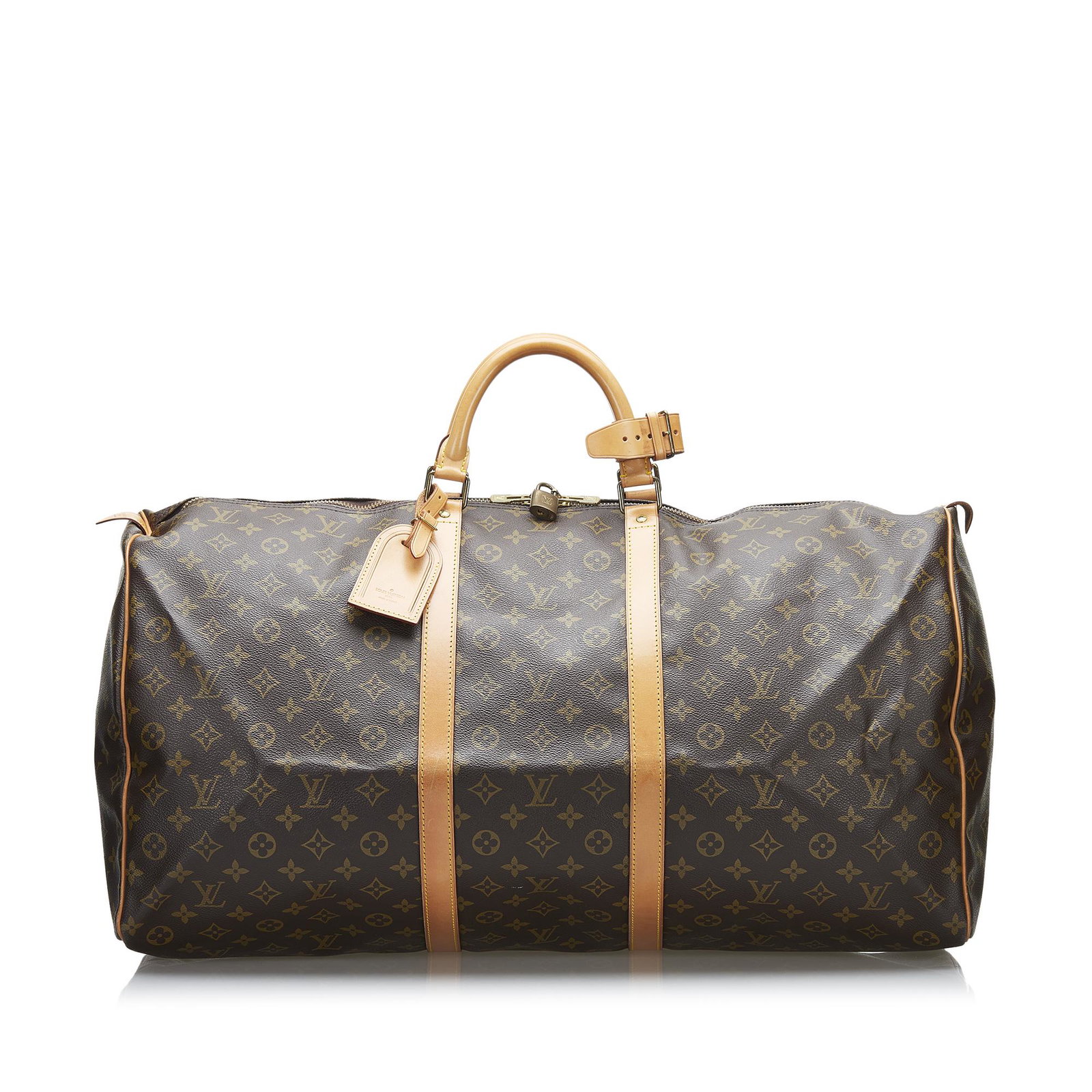 Louis Vuitton Monogram Keepall 60: Louis Vuitton Monogram Keepall 60 The Keepall 60 features a Monogram canvas body with leather trim rolled leather handles and a top zip closure. Brand: Louis Vuitton Model: Monogram Keepall 60 Origin: