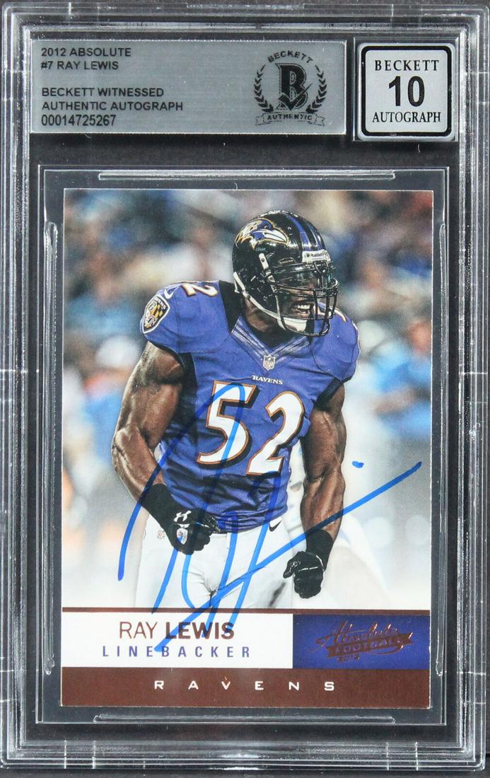 Ravens Ray Lewis Signed 2012 #7 Card Auto Graded Gem Mint 10! BAS Slabbed: Ravens Ray Lewis Signed 2012 #7 Card Auto Graded Gem Mint 10! BAS Slabbed Graded: Yes Sport: Football-NFL League: NFL Team: Baltimore Ravens Certification Number: 14725267 Product Coa: Beckett Product