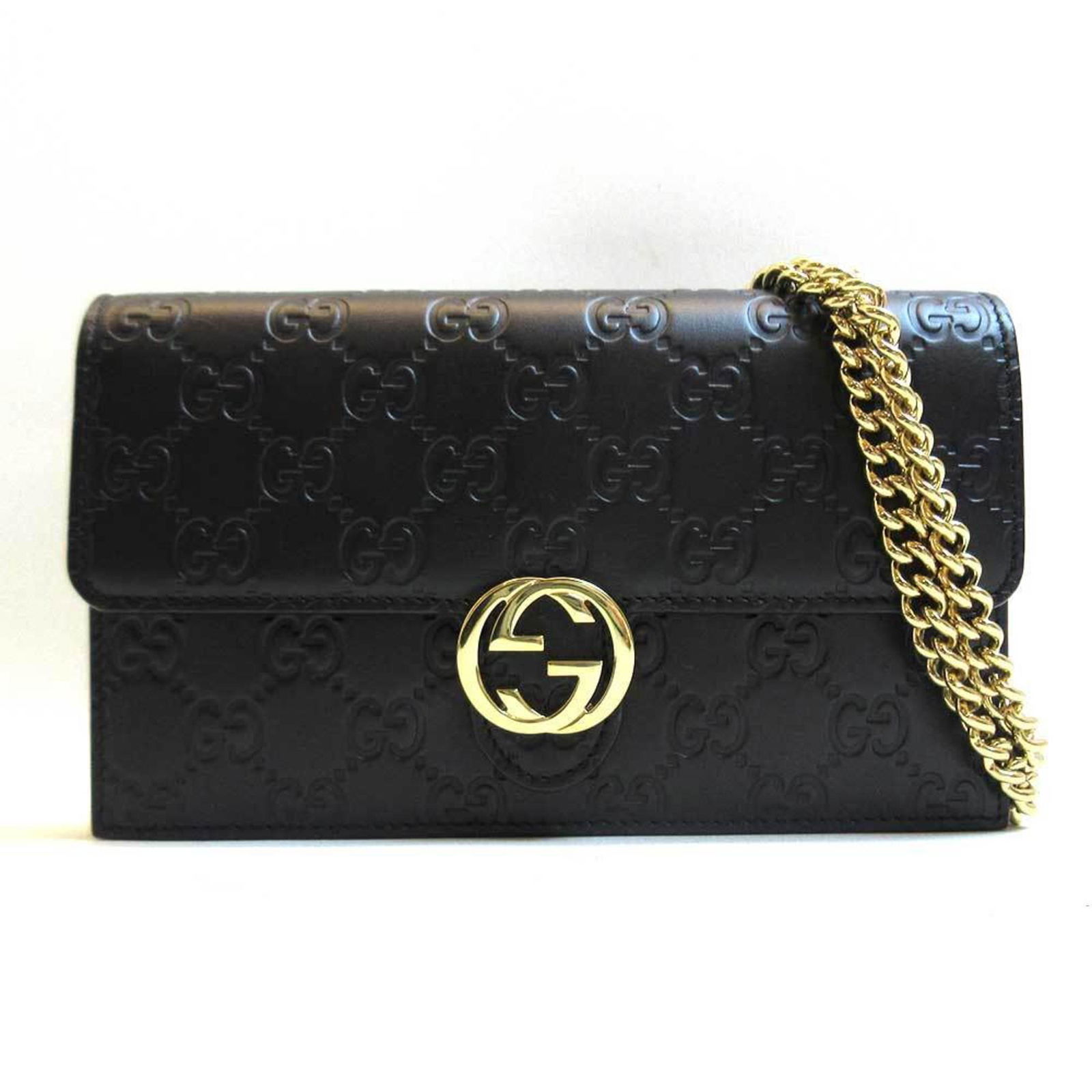 Gucci Shima Chain Wallet Bag Black Diagonal Leather 409340 GUCCI: Gucci Shima Chain Wallet Bag Black Diagonal Leather 409340 GUCCI Brand: Gucci Line: Guccissima Type: Chain/Shoulder wallet Gender: Women Material: Leather Leather: Color: Black Closure: Flap Size (HxW