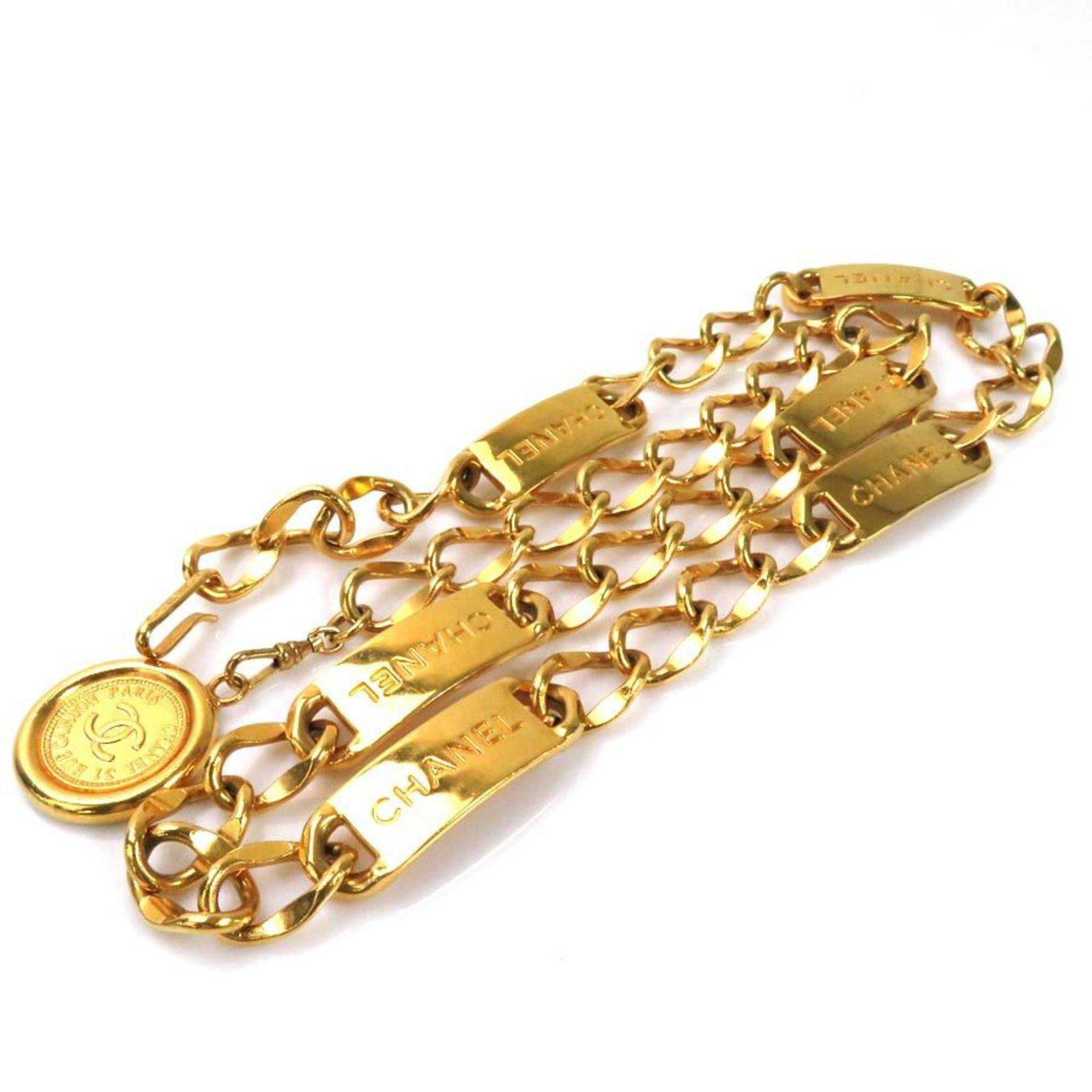Chanel Belt Chain Coco Mark 31 RUE CAMBON PARIS Gold Ladies: Chanel Belt Chain Coco Mark 31 RUE CAMBON PARIS Gold Ladies Brand: Chanel Line: Cambon Type: Chain belt Gender: Women Color: Gold Length: 93cm / 36.61 Weight: 244g / 8.6oz. Condition: Used (good) Over