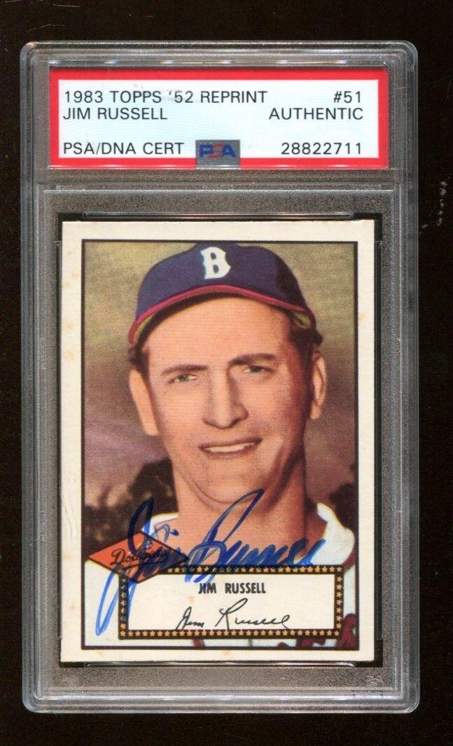 Jim Russell Signed 1983 Topps 1952 Reprint Autograph Rare D:'87 PSA/DNA *711: Jim Russell Signed 1983 Topps 1952 Reprint Autograph Rare D:'87 PSA/DNA *711 Autograph Authentication: Professional Sports (PSA/DNA) Product: Other Autographed MLB Items Original/Reprint: Original Spo