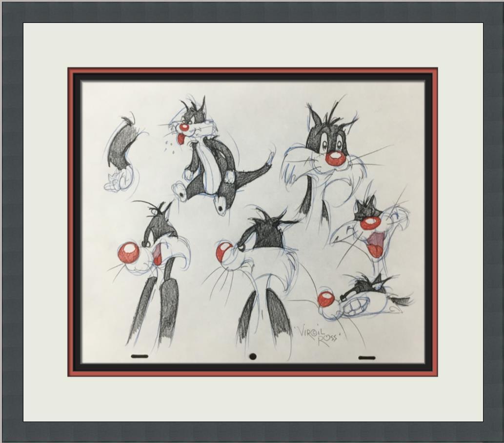 Virgil Ross Original Signed Model Sheet Drawing Sylvester The Cat Custom Framed: Virgil Ross Original Signed Model Sheet Drawing Sylvester The Cat Custom Framed Character: Sylvester The Cat Animation Studio: Warner Bros Item Height: 10 in Item Width: 12 in Theme: Animation Inscrib