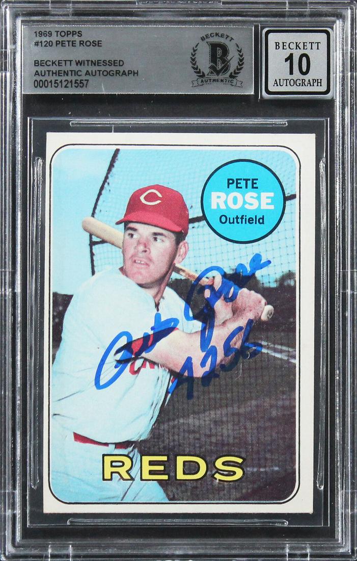Reds Pete Rose "4256" Signed 1969 Topps #120 Card Auto 10! BAS Slabbed: Reds Pete Rose "4256" Signed 1969 Topps #120 Card Auto 10! BAS Slabbed Graded: Yes Sport: Baseball-MLB League: MLB Team: Cincinnatti Reds Certification Number: 15121557 Product Coa: Beckett Product Si