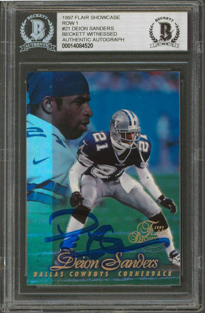 Cowboys Deion Sanders Signed 1997 Flair Showcase Row 1 #21 Card BAS Slabbed: Cowboys Deion Sanders Signed 1997 Flair Showcase Row 1 #21 Card BAS Slabbed Graded: No Sport: Football-NFL League: NFL Team: Dallas Cowboys Certification Number: 14084520 Product Coa: Beckett Product