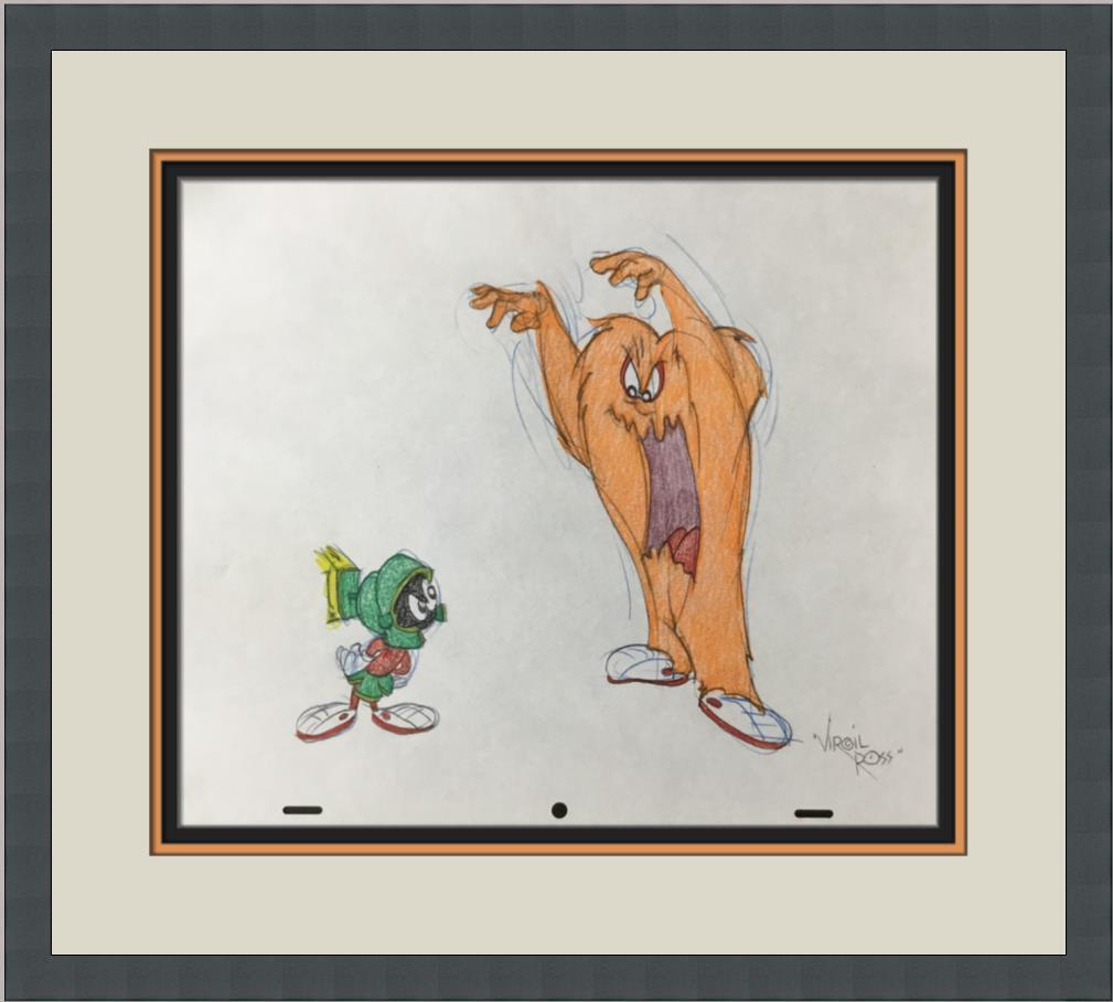Virgil Ross Original Signed Model Sheet Drawing Gossamer Marvin Custom Framed: Virgil Ross Original Signed Model Sheet Drawing Gossamer Marvin Custom Framed Character: Gossamer Marvin The Martian Animation Studio: Warner Bros Item Height: 10 in Item Width: 12 in Theme: Animation
