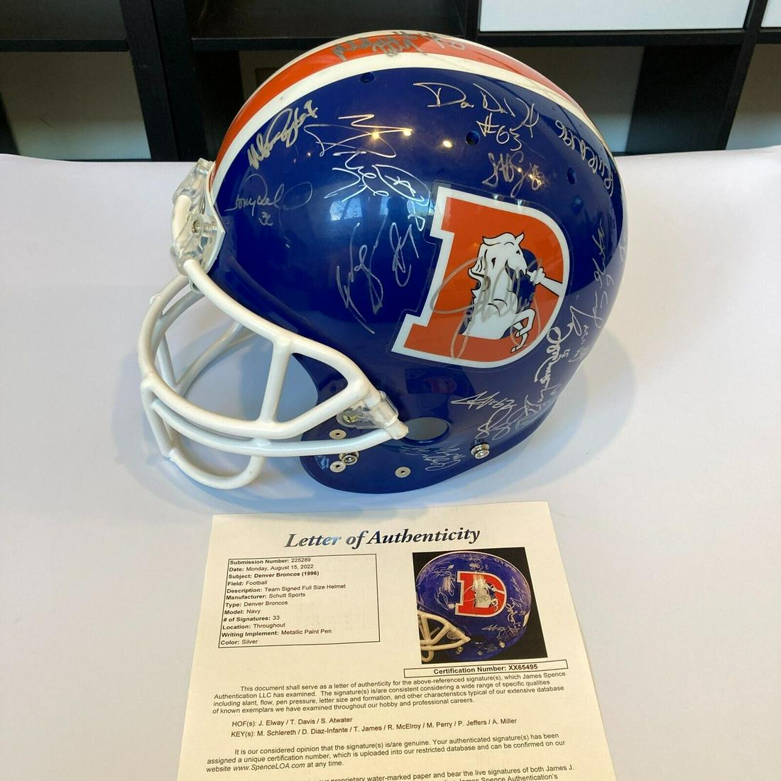 1996 Denver Broncos Team Signed Full Size John Elway Helmet JSA COA: 1996 Denver Broncos Team Signed Full Size John Elway Helmet JSA COA Product: Helmet Sport: Football-NFL Autograph Authentication: James Spence Authentication (JSA) Team: Miami Dolphins Original/Reprin