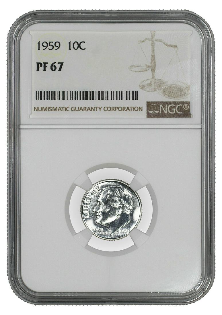 1959 PROOF ROOSEVELT DIME 10C NGC CERTIFIED PF 67 - SPOT HAZE FREE: 1959 PROOF ROOSEVELT DIME 10C NGC CERTIFIED PF 67 - SPOT HAZE FREE Certification: NGC Composition: Copper-Nickel Grade: PF-67 Year: 1959 Circulated/Uncirculated: Uncirculated Strike Type: PR Mint Loca
