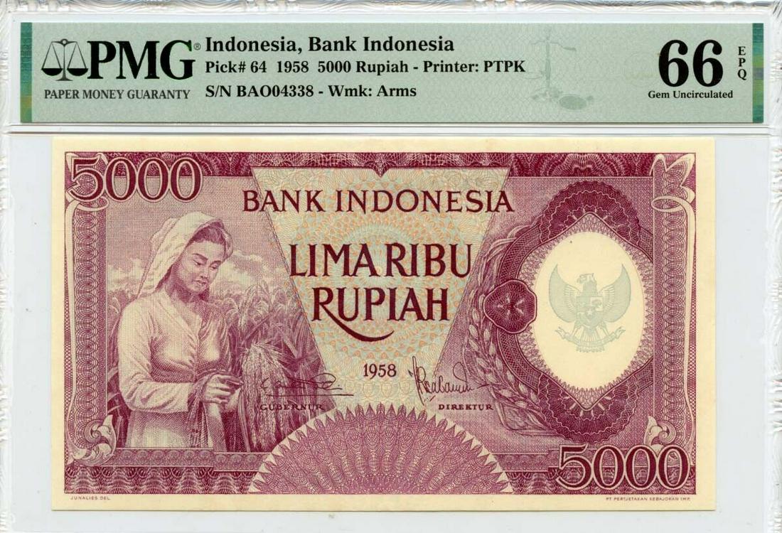 1958 5000 Rupiah Indonesia Bank Indonesia Pick# INO64 PMG Gem66 EPQ: 1958 5000 Rupiah Indonesia Bank Indonesia Pick# INO64 PMG Gem66 EPQ Circulated/Uncirculated: Uncirculated Certification: PMG Certification Number: 2022593032 Grade: MS66 Pre-Owned The MYNT Guarantee: 