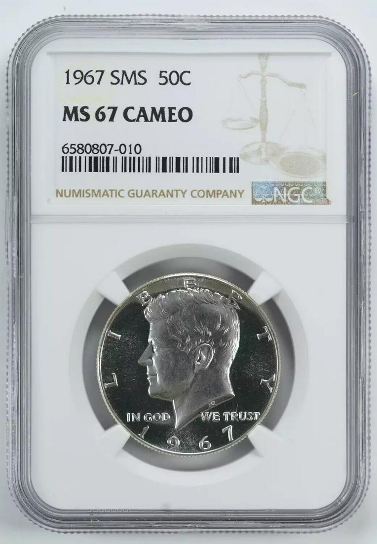 1967 SMS KENNEDY HALF DOLLAR 50C NGC CERTIFIED MS 67 MINT STATE UNC - CAMEO (010: 1967 SMS KENNEDY HALF DOLLAR 50C NGC CERTIFIED MS 67 MINT STATE UNC - CAMEO (010 Certification: NGC Composition: Silver Grade: MS-67 Year: 1967 Circulated/Uncirculated: Uncirculated Strike Type: MS Mi