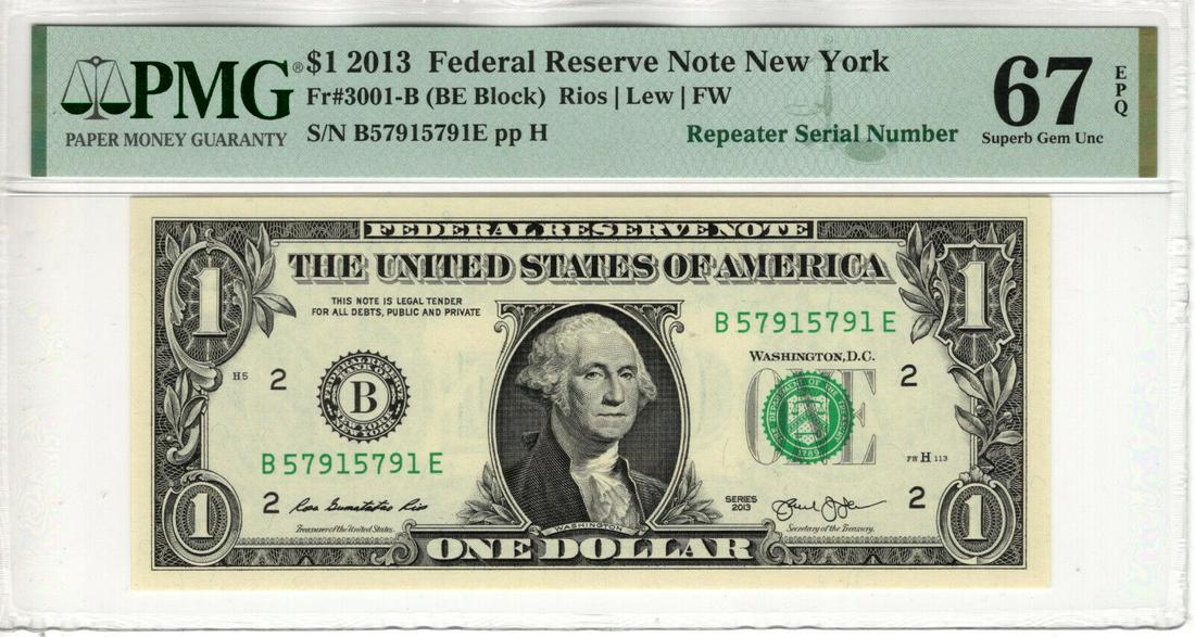 2013 $1 FEDERAL RESERVE NOTE NEW YORK REPEATER SERIAL FR.3001-B PMG GEM 67 EPQ: 2013 $1 FEDERAL RESERVE NOTE NEW YORK REPEATER SERIAL FR.3001-B PMG GEM 67 EPQ Certification Number: 2076995-066 Certification: PMG Grade: 67 Year: 2013 Circulated/Uncirculated: Uncirculated Denominat