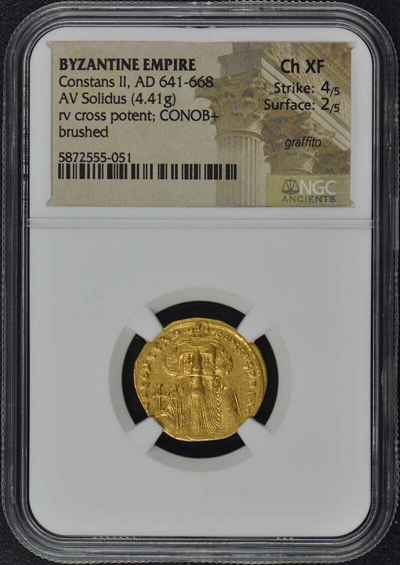 Constans II AD 641-668 BYZANTINE EMPIRE AV Solidus NGC XF45: Constans II AD 641-668 BYZANTINE EMPIRE AV Solidus NGC XF45 Certification: NGC Certification Number: 5872555051 Grade: XF45 Pre-Owned The MYNT Guarantee: All items in this auction are guaranteed to be