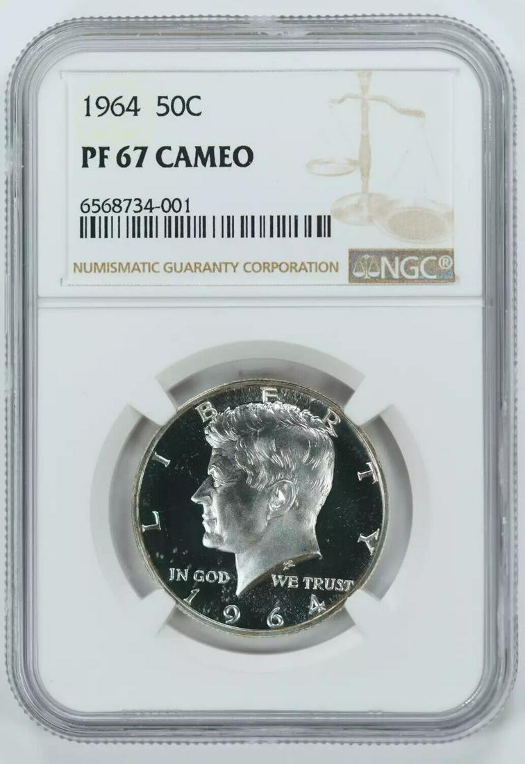 1964 PROOF KENNEDY HALF DOLLAR 50C NGC CERTIFIED PF 67 CAMEO (001): 1964 PROOF KENNEDY HALF DOLLAR 50C NGC CERTIFIED PF 67 CAMEO (001) Certification: NGC Composition: Silver Grade: PF-67 Year: 1964 Circulated/Uncirculated: Uncirculated Strike Type: PR Mint Location: P