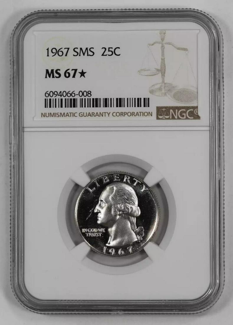 1967 SMS WASHINGTON QUARTER 25C NGC CERTIFIED MS 67* MINT STATE UNC STAR (008): 1967 SMS WASHINGTON QUARTER 25C NGC CERTIFIED MS 67* MINT STATE UNC STAR (008) Certification: NGC Composition: Copper-Nickel Grade: MS-67* Year: 1967 Circulated/Uncirculated: Uncirculated Strike Type: