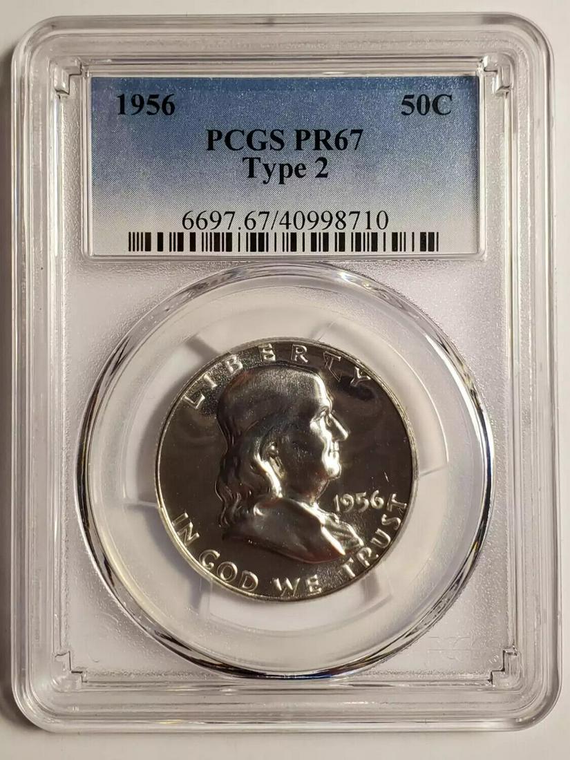 1956 P Franklin Half Dollar PCGS PR-67 Type 2: 1956 P Franklin Half Dollar PCGS PR-67 Type 2 Certification: PCGS Composition: Silver Grade: PR-67 Year: 1956 Circulated/Uncirculated: Uncirculated Strike Type: PR Mint Location: Philadelphia Country: