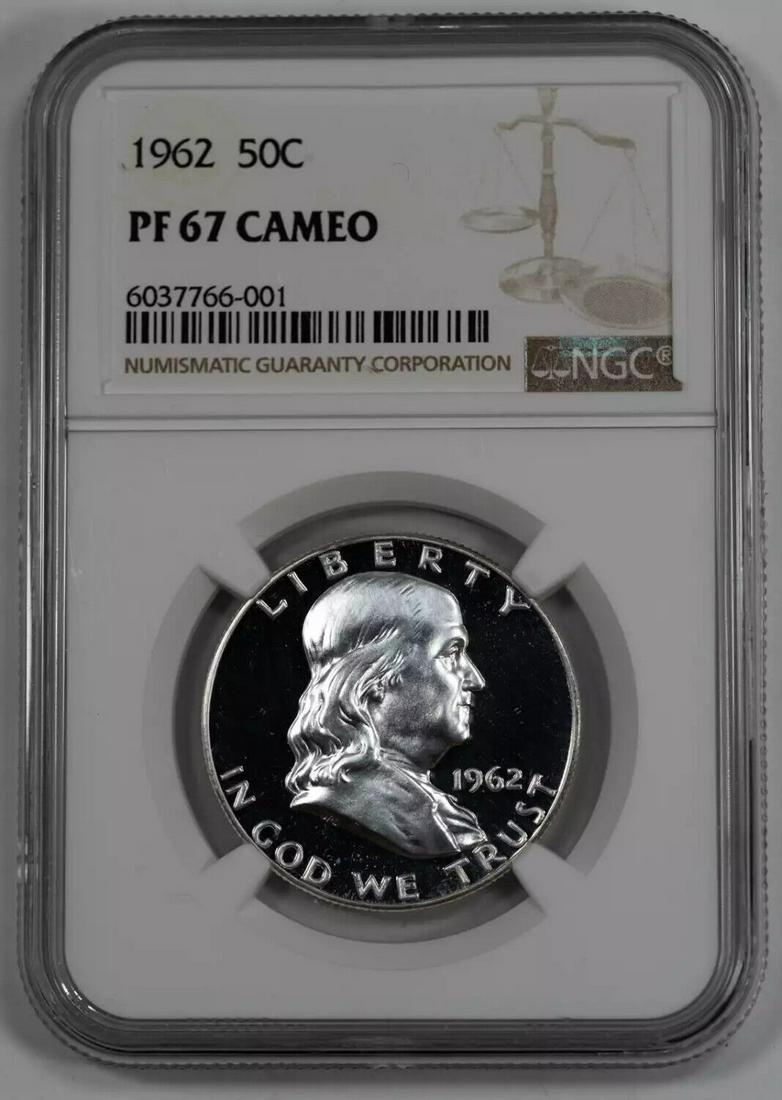 1962 PROOF FRANKLIN HALF DOLLAR 50C SILVER NGC CERTIFIED PF 67 CAMEO (001): 1962 PROOF FRANKLIN HALF DOLLAR 50C SILVER NGC CERTIFIED PF 67 CAMEO (001) Certification: NGC Composition: Silver Grade: PF-67 Year: 1962 Circulated/Uncirculated: Uncirculated Strike Type: PR Mint Loc