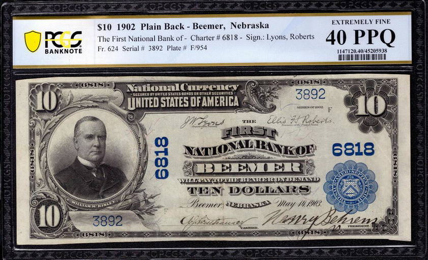 1902 Pb 10 First National Banknote Currency Beemer Nebraska Pcgs Xf Ef 40 Ppq