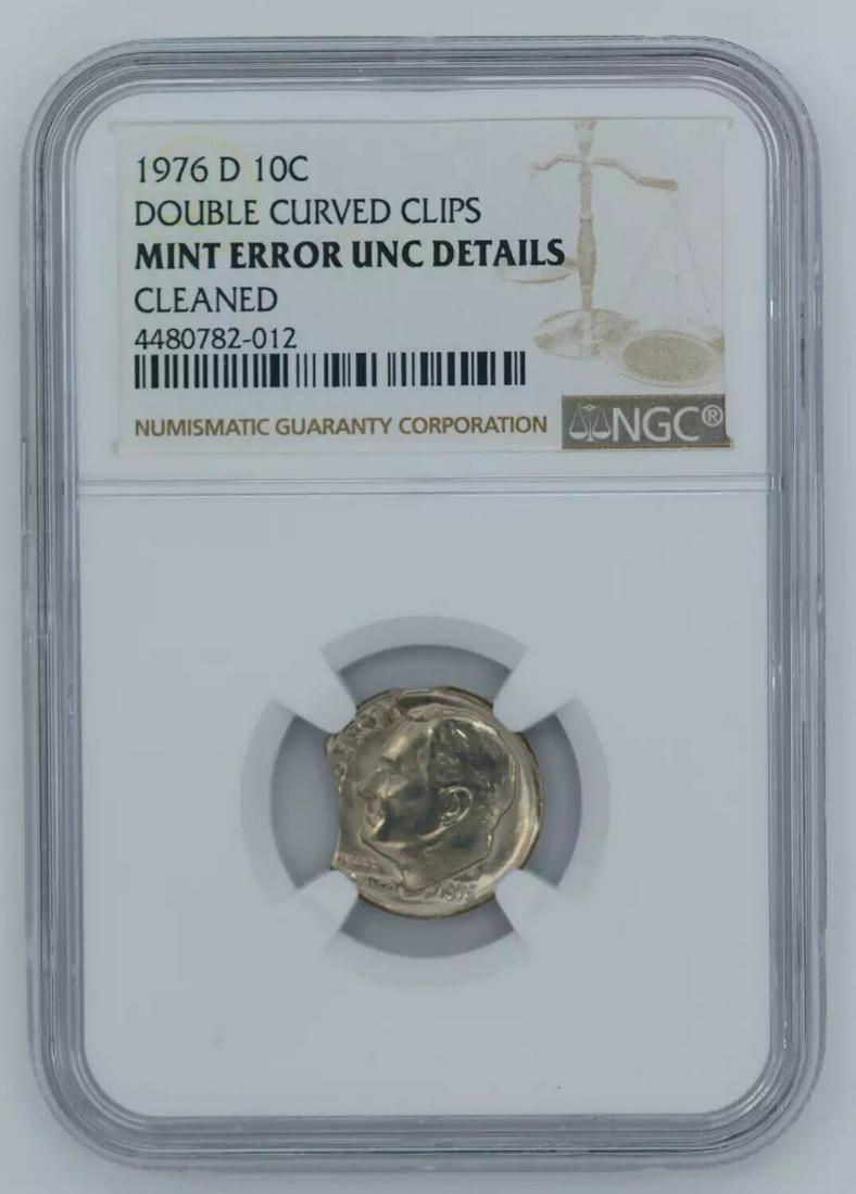 1976 D ROOSEVELT DIME 10C NGC UNC DETAILS - MINT ERROR DOUBLE CURVED CLIPS (012): 1976 D ROOSEVELT DIME 10C NGC UNC DETAILS - MINT ERROR DOUBLE CURVED CLIPS (012) Certification: NGC Composition: Silver Grade: UNC Details Year: 1976 Circulated/Uncirculated: Unknown Strike Type: MS M
