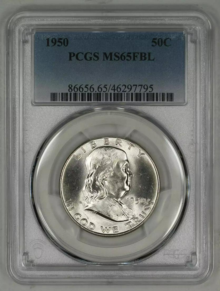 1950 FRANKLIN HALF DOLLAR 50C PCGS MS 65 FBL MINT UNC - FULL BELL LINES (795): 1950 FRANKLIN HALF DOLLAR 50C PCGS MS 65 FBL MINT UNC - FULL BELL LINES (795) Certification: PCGS Composition: Silver Grade: MS-65 Year: 1950 Circulated/Uncirculated: Uncirculated Strike Type: MS Mint