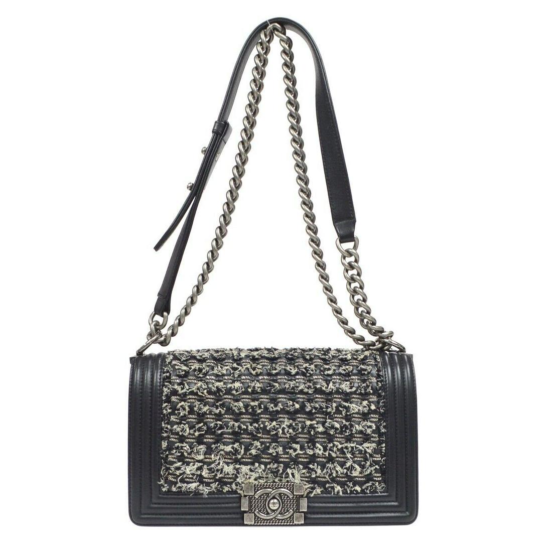 BOY CHANEL Chain Shoulder Bag Purse Black Tweed Leather 23357977: BOY CHANEL Chain Shoulder Bag Purse Black Tweed Leather 23357977 Bag Width: 9.8 Bag Height: 5.7 Closure: Push Lock Flap Size: Medium Handle Style: Shoulder Strap Lining Material: Fabric Bag Depth: 3.1