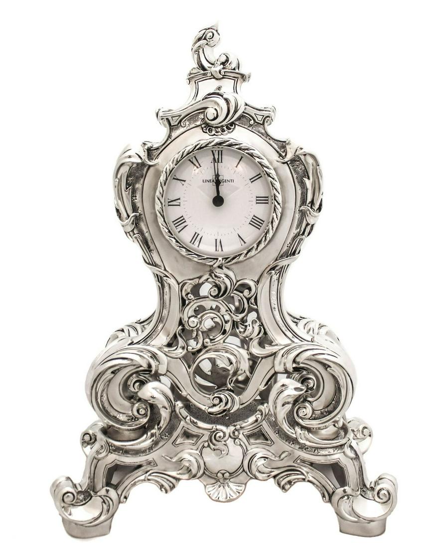 ITALIAN SILVER PLATED INTRICATE FLORAL CHASED TABLE PENDULUM CLOCK W/T